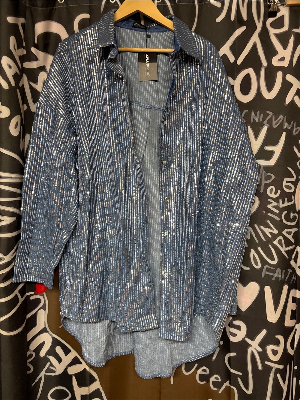 Denim Sequined Blue Button-Front Shirt Jacket